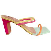 Tamanco Salto Barra 9cm Multicolor Neon, Amarelo, Pink, Laranja e Azul com Duas Tiras - ULLY