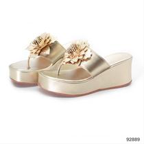 Tamanco Salto Plataforma Anabela papete Peep Toe estilo Chinelo Cabedal com Flor Ref 2155 F