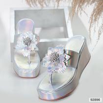 Tamanco Salto Plataforma Anabela papete Peep Toe estilo Chinelo Cabedal com Flor Ref 2155 F