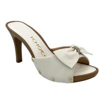 Tamanco Tchocco Couro Legítimo Branco Salto Alto Laço Strass 52006 Original