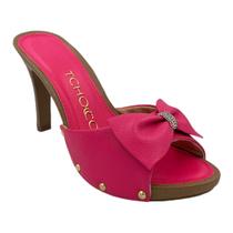 Tamanco Tchocco Couro Legítimo Fucsia Salto Alto Laço Strass 52006 Original