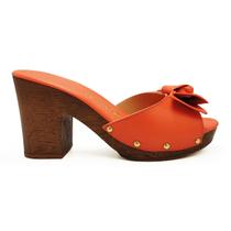 Tamanco Tchocco Salto Grosso Couro Legítimo Laranja Retrô Cor Madeira 59402