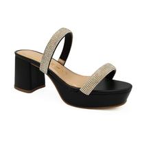 Tamanco Tchocco Salto Grosso Meia Pata Napa Preto Tiras Strass 60403