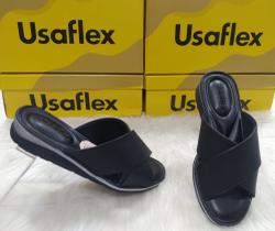 Tamanco Usaflex em couro Anabela com tiras MA0301