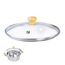 Tampa 26cm Vidro Temperado Borda Inox para Panelas e Frigideiras + Pomel Madeira