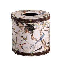 Tampa de caixa de lenços redonda de madeira com padrão de pássaro oriental Tampa de caixa de lenços redonda de madeira com padrão de pássaro oriental