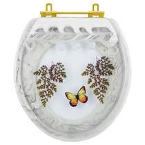 Tampa de Vaso Poliester Oval Branco Decorado Borboleta Amarela Com Ferragem Dourada