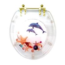 Tampa de Vaso Poliester Oval Cristal Golfinho Conchas Com Ferragem Dourada Tampa de Vaso Poliester Oval Cristal Golfinho Conchas Com Ferragem Dourada