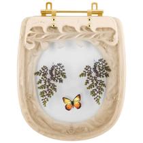 Tampa de Vaso Poliester Sabatini Bege Decorado Borboleta Amarela Com Ferragem Dourada Tampa de Vaso Poliester Sabatini Bege Decorado Borboleta Amarela Com Ferragem Dourada