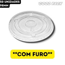 Tampa Reta Flat Transparente COM Furo para Copo MilkShake Goodpack - 98mm - 50 Unidades