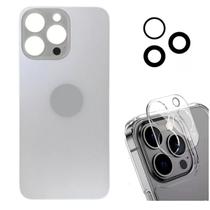 Tampa Traseira De Vidro Para iPhone 15 Pro Prata + Lente + Película Câmera