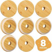 Tampas de frasco de vidro de bambu SBMKK de 7 cm com orifício para palha, 8 unidades