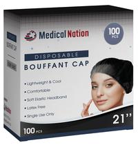 Tampas descartáveis Bouffant Medical Nation 21 pretas (pacote com 100) Tampas descartáveis Bouffant Medical Nation 21 pretas (pacote com 100)