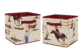 Tan and Red Cowboy Foldable Fabric Storage Cube Bins Boxes Organizer Toys Kids Baby Childrens for Wild West Collection by Sweet Jojo Designs - Set of 2