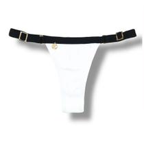 Tanga Fany Bicolor Black and White Biquíni Liso Branco Semi Fio Marquinha de Fita Regulável Detalhe Preto