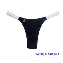 Tanga Flora Bicolor White and Black Biquíni Cor Lisa Fio Dental Elástico Frufru Marquinha de Fita Detalhe Branco