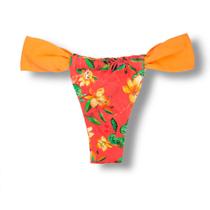 Tanga Gali Floral Coral Biquíni Estampado Semi Fio Cortininha Regulável Detalhe Laranja