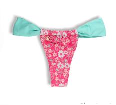 Tanga Gali Floral Rosa Biquíni Estampado Semi Fio Cortininha Regulável Detalhe Verde Mint