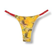 Tanga Mia Amarelo Tropical Biquíni Estampado Semi Fio Tira Fina Regulável Marquinha de Fita Detalhe Vermelho Carmim