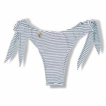 Tanga Mora Denim Biquíni Listrado Fio Duplo Empina Bumbum Amarração Lateral Larga Detalhe Interno Rosa Iogurte