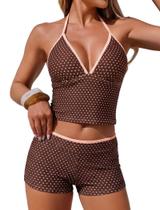 Tankini ZAFUL Top Halter Decote em V e Boyshorts Poá Marrom S Tankini ZAFUL Top Halter Decote em V e Boyshorts Poá Marrom S