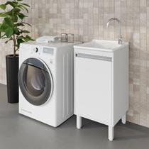 Tanque de Lavanderia Fibra 20L com Gabinete MDF 45cm Branco, Suporte para Torneira de Bancada, Entregue Montado, com Válvula e Sifão
