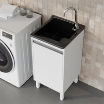 Tanque de Lavanderia Fibra 20L com Gabinete MDF 45cm Branco, Suporte para Torneira de Bancada, Entregue Montado, com Válvula e Sifão