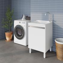 Tanque de Lavanderia Fibra 40L com Gabinete MDF Branco 54cm, Suporte para Torneira de Bancada, Entregue Montado, com Válvula e Sifão