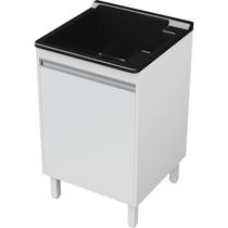 Tanque de Lavanderia Fibra 40L com Gabinete MDF Branco 54cm, Suporte para Torneira de Bancada, Entregue Montado, com Válvula e Sifão