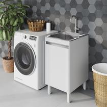 Tanque de Lavanderia Inox 30 L com Gabinete MDF 44 cm Branco Fosco, com Torneira de Bancada, Entregue Montado, com Válvula e Sifão