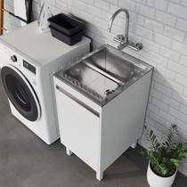 Tanque de Lavanderia Inox 30L com Gabinete MDF 44 cm Branco Fosco, Entregue Montado, com Válvula e Sifão