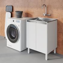 Tanque de Lavanderia Inox 35 L com Gabinete MDF 63 cm Branco Fosco, Entregue Montado, com Válvula e Sifão