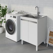 Tanque de Lavanderia Inox 46L com Gabinete MDF 61cm Branco Fosco, com Torneira de Bancada, Entregue Montado, com Válvula e Sifão Tanque de Lavanderia Inox 46L com Gabinete MDF 61cm Branco Fosco, com Torneira de Bancada, Entregue Montado, com Válvula e Sifão
