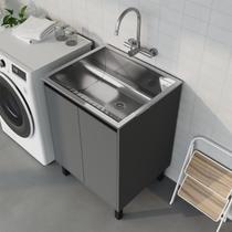 Tanque de Lavanderia Inox 46L com Gabinete MDF 61cm Cinza Chumbo Grafite, Entregue Montado, com Válvula e Sifão