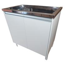 Tanque de Lavanderia Inox 47 L com Cuba Docol, Válvula, Sifão e Gabinete MDF 82 cm Branco Fosco Entregue Montado