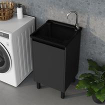 Tanque de Lavanderia Plástico 26 L com Gabinete MDF Chumbo Grafite 47cm Suporte para Torneira de Bancada com prateleira válvula sifão Entregue Montado