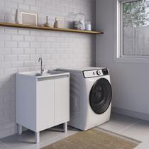 Tanque de Lavanderia Plástico 30 L com Esfregadeira Lateral e Gabinete Grande em MDF Branco, Entregue Montado, com Válvula e Sifão