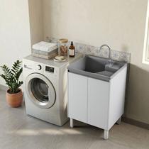 Tanque de Lavanderia Plástico 30 L com Esfregadeira Lateral e Gabinete Grande em MDF Branco, Entregue Montado, com Válvula e Sifão Tanque de Lavanderia Plástico 30 L com Esfregadeira Lateral e Gabinete Grande em MDF Branco, Entregue Montado, com Válvula e Sifão