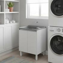 Tanque de Lavanderia Plástico 30 L com Esfregadeira Lateral e Gabinete Grande em MDF Branco, Entregue Montado, com Válvula e Sifão