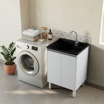 Tanque de Lavanderia Plástico 30 L com Esfregadeira Lateral e Gabinete Grande em MDF Branco, Entregue Montado, com Válvula e Sifão Tanque de Lavanderia Plástico 30 L com Esfregadeira Lateral e Gabinete Grande em MDF Branco, Entregue Montado, com Válvula e Sifão