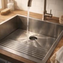 Tanque de Lavar Roupas 54x49 cm Em Aço Inox 1,0mm Escovado Grande com Válvula Para Área de Serviço