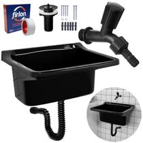 Tanque de Plástico 22L Para Lavanderia Preto + Sifão Universal Sanfonado + Fita Veda Rosca + Torneira