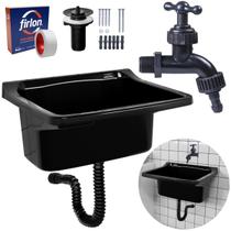 Tanque de Plástico 22L Para Lavanderia Preto + Sifão Universal Sanfonado + Fita Veda Rosca + Torneira Reforçada