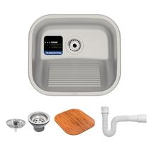 Tanque Encaixe Tramontina Hera Compact 19 em Aço Inox Escovado 40x35 cm com Tábua de Madeira, Válvulá Tramontina e Sifão