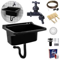 Tanque Lavanderia 22L Preto + Sifão Universal Sanfonado + Veda Rosca + Torneira + Varal em Aço + Prendedor + Ralo
