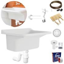 Tanque Lavanderia 40L Branco + Sifão Copo Sanfonado + Veda Rosca + Torneira Branca + Varal em Aço + Prendedor + Ralo