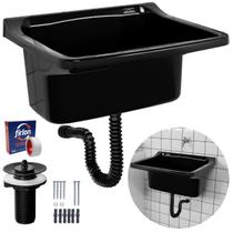 Tanque Plástico 34L Lavanderia Preto + Sifão Universal