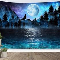 Tapeçaria para pendurar na parede Galaxy Night Sky Mountain Wolf Moon
