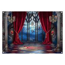 Tapeçaria pendurada na parede, castelo gótico de Halloween, mansão assombrada