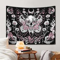 Tapeçaria pendurada na parede com caveira de borboleta gótica 150x130cm